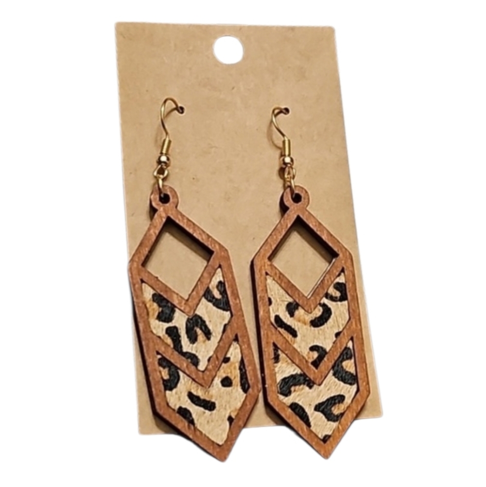 Handmade New Wooden Leopard Print Cut Out Dangle Earrings